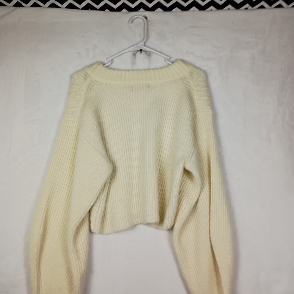 Urban Outfitters Cream Ribbed Cropped Sweater Balloon Sleeve Crew Neck Medium - Picture 3 of 6